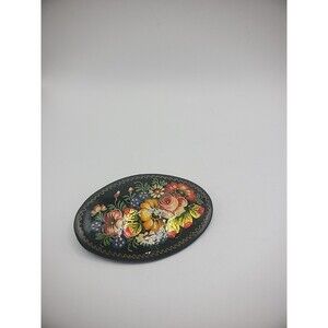 Vintage Fedoskino Brooch Pin Hand Painted Russian Laquer Wood Signed C Clasp